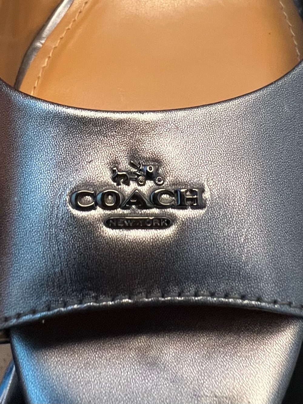 COACH Ferry Cork Wedge Metallic Gunmetal & Leather Peep Toe Slingback Sz 8.5 B - Picture 8 of 11